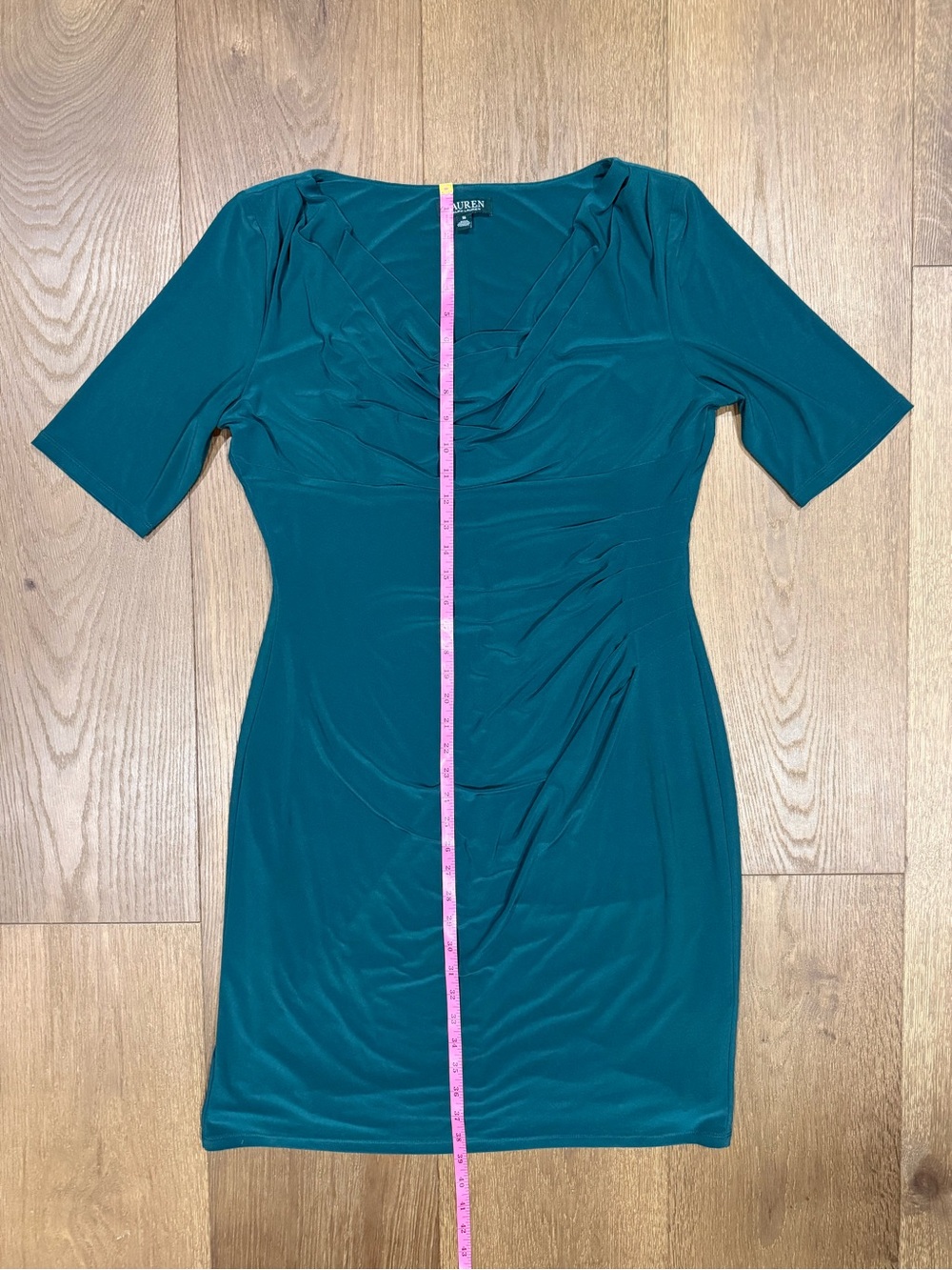 Lauren Ralph Lauren Spruce Green Draped Cowl Neck Ruched Midi Sheath Dress - Picture 6 of 7